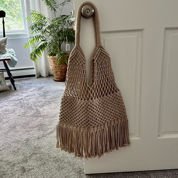 La Regale Tan Macrame Shoulder Bag with Fringe Detail - Picture 3 of 12
